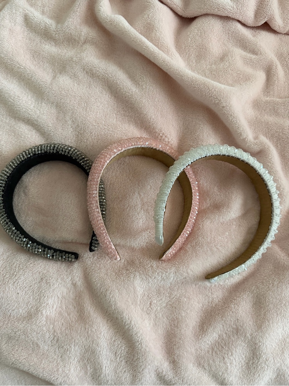 Beaded Padded Headbands Trio - Black, Pink, White